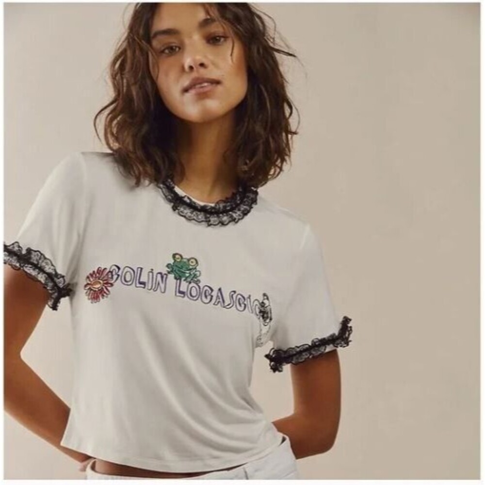 NWT Colin Locasio Tannie T-Shirt Embroidered Frog + Dog Lace Trim Size XS